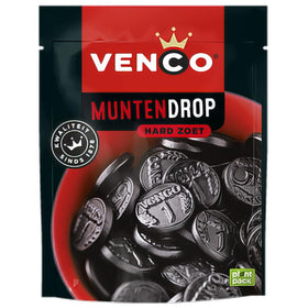 Venco Muntendrop coin-shaped licorice on a dark surface, after-dinner indulgence.