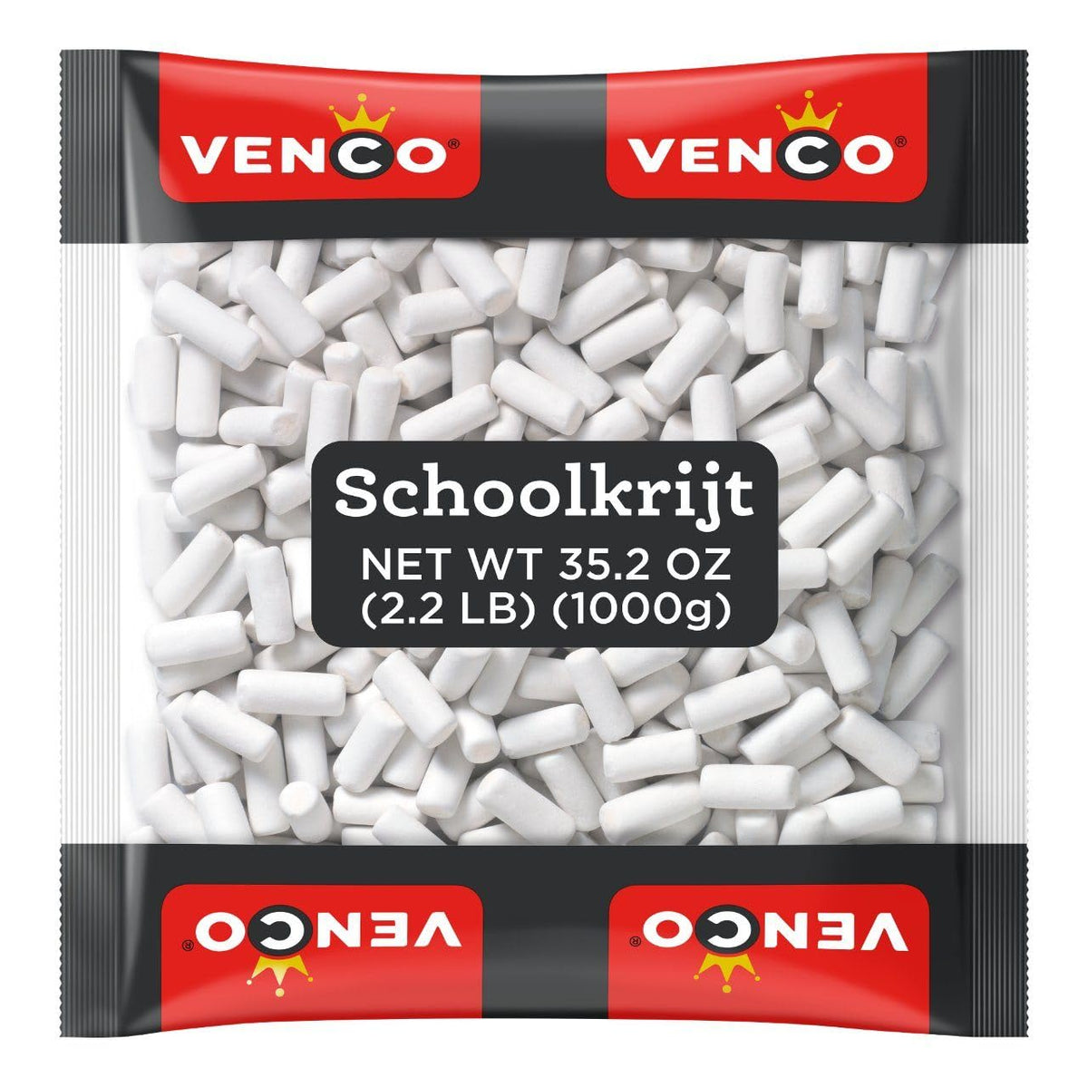 Venco Schoolkrijt licorice chalk bag with mint coating and soft center.