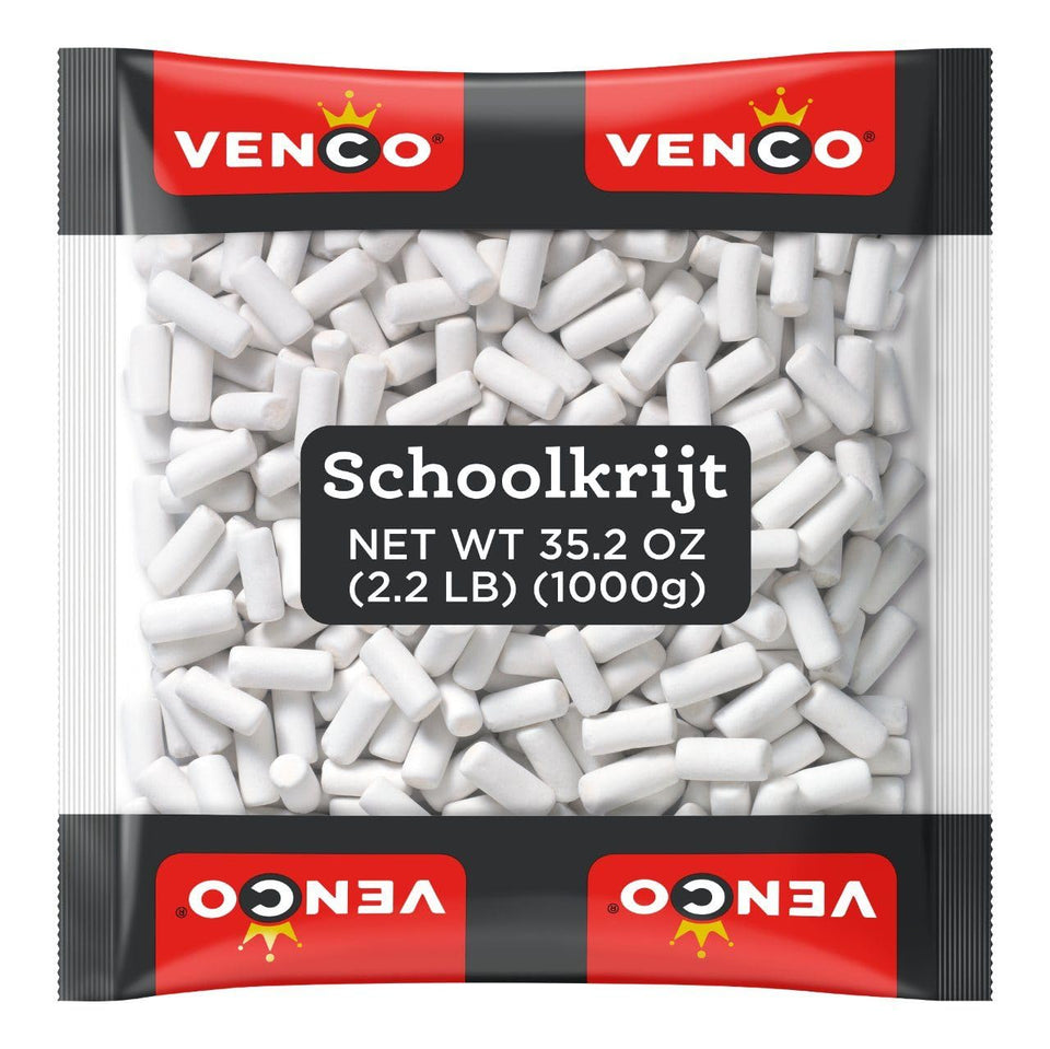 Venco Schoolkrijt licorice chalk bag with mint coating and soft center.