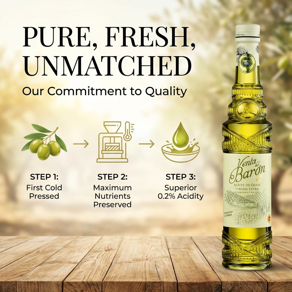 Venta del Barón amber olive oil pour emphasizes rich color and complexity.