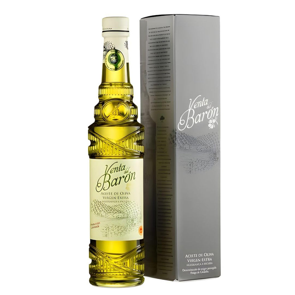 Venta del Barón bottle front view, premium extra virgin olive oil for finishing dishes.