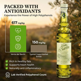 Venta del Barón bottle pour capturing oil in action for dressings and sautéing.