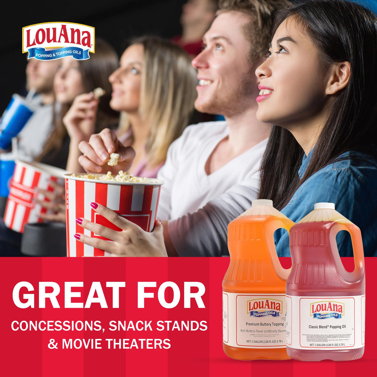LouAna popcorn oil being poured for theater-style aroma.