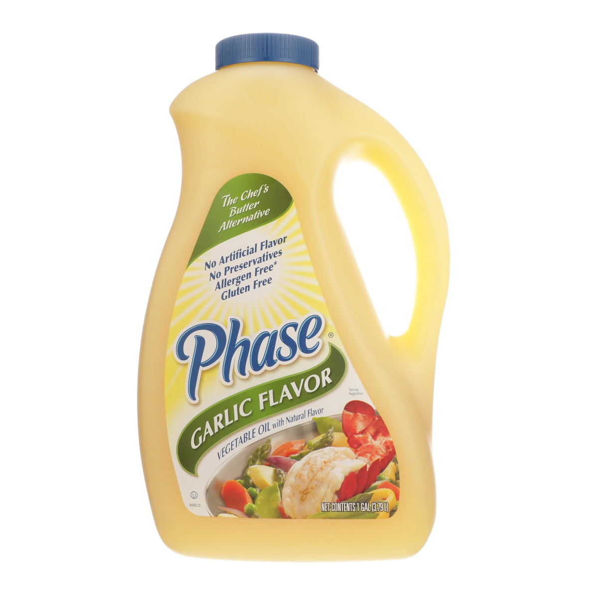 Ventura Foods Phase garlic flavor liquid butter bottle highlights dairy-free butter substitute for sautéing.