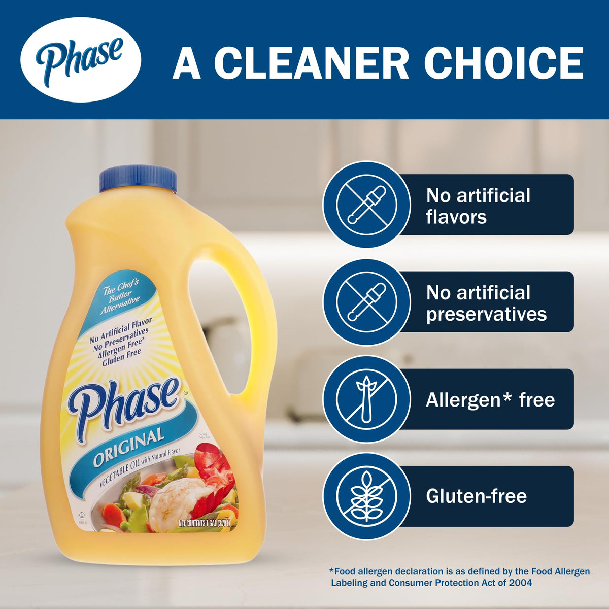 Ventura Foods Phase Original Butter Alternative bottle back highlights allergen-friendly and kosher notes
