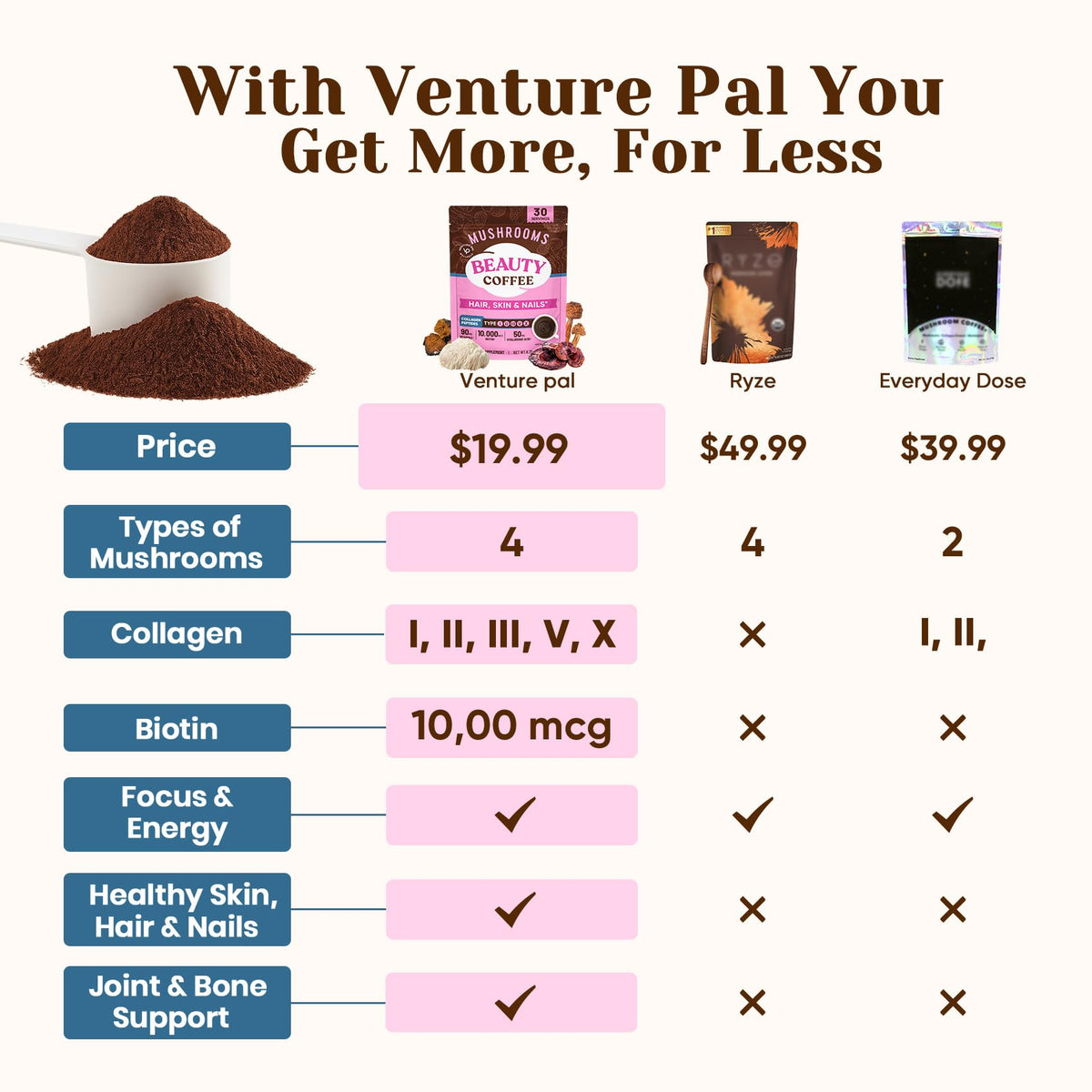 Venture Pal Lions Mane Reishi Chaga trio visual highlights immune and focus benefits.