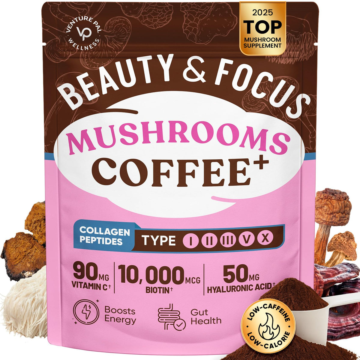 Venture Pal Premium Adaptogenic Coffee packaging highlights a clean label and premium blend.