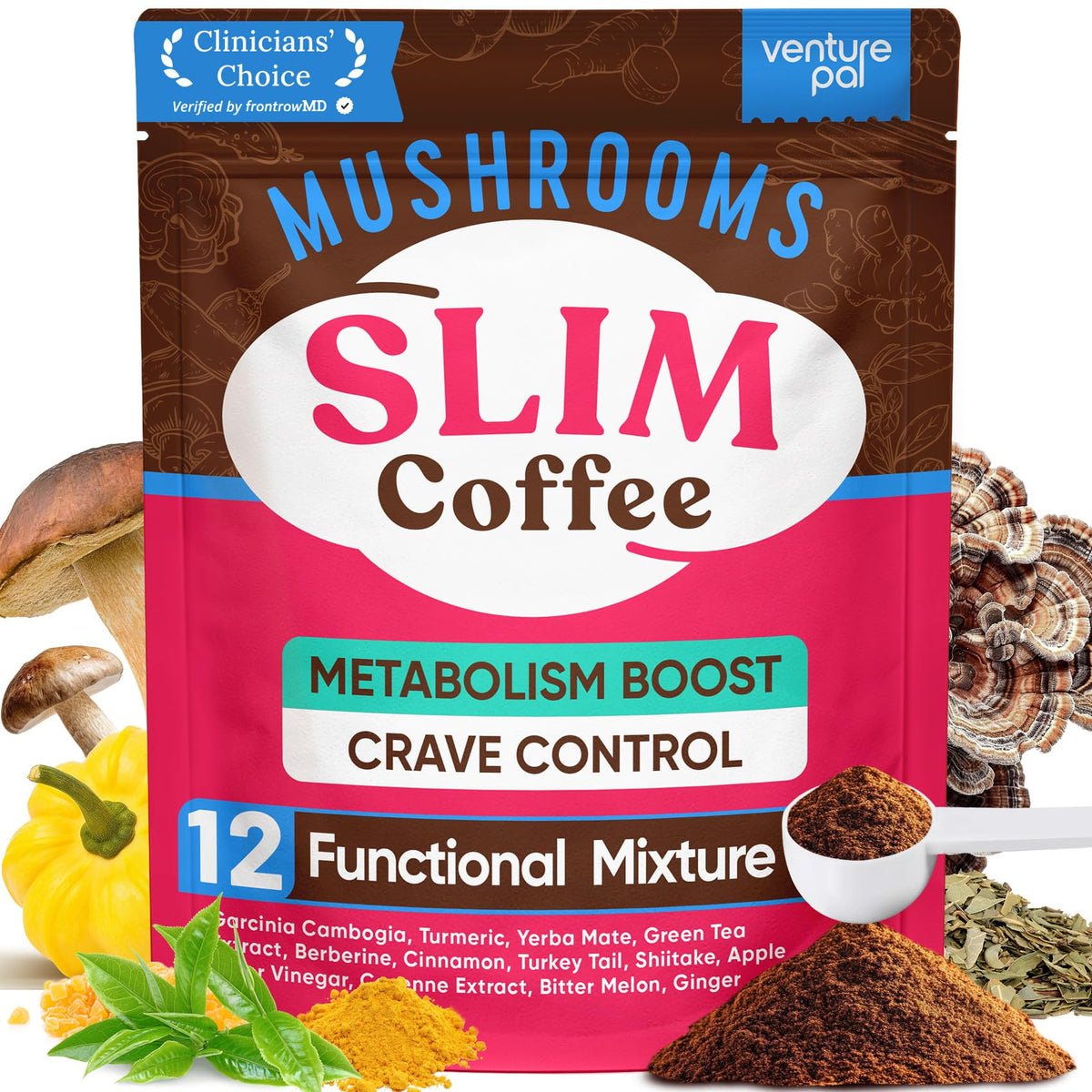 Venture Pal Slim Mushroom Coffee packaging showcases premium ingredients for everyday use