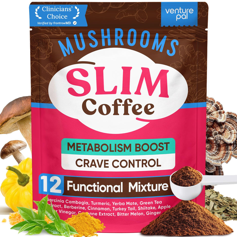Venture Pal Slim Mushroom Coffee packaging showcases premium ingredients for everyday use