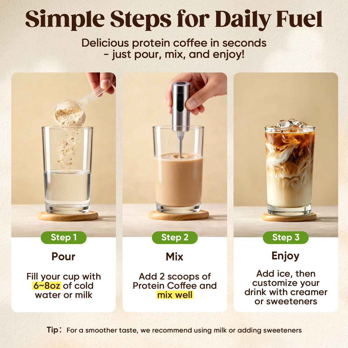 Venture Pal Sugar Free Protein Coffee pour shows smooth mocha flavor without sugar.