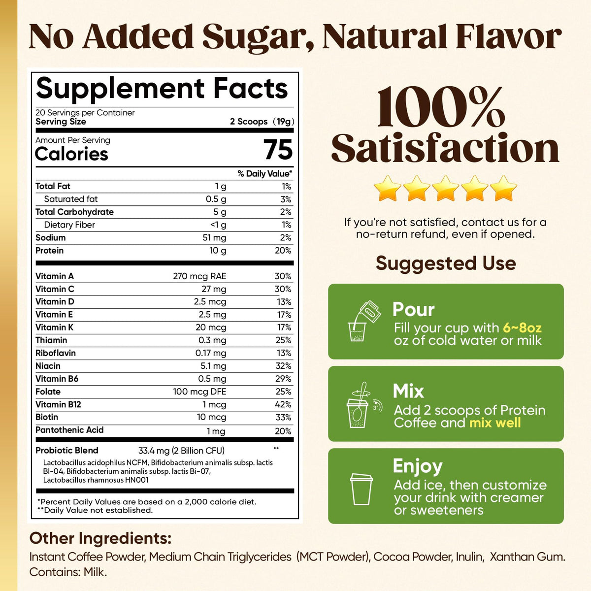Venture Pal Sugar Free Protein Coffee glass with stirring to highlight focus support.