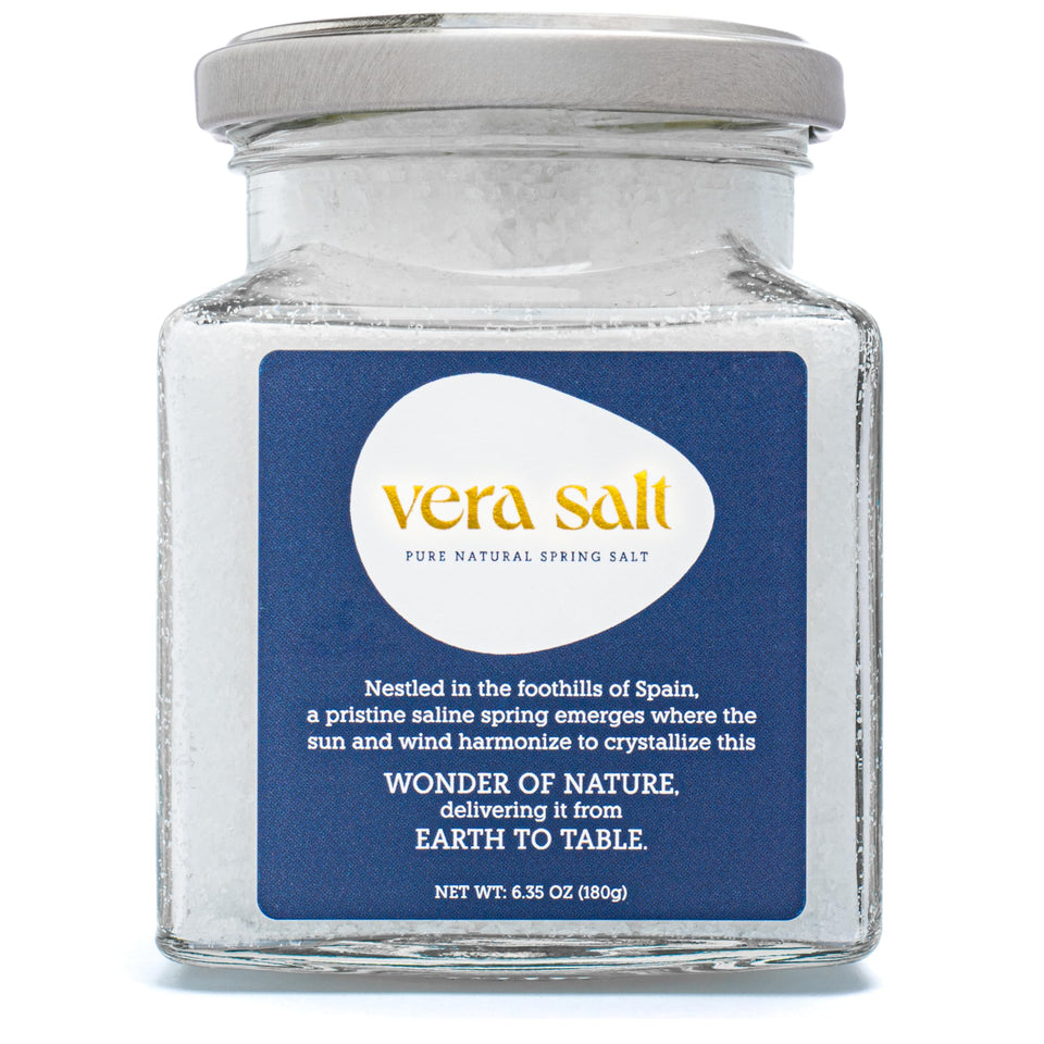 Vera Salt Flake Spring Salt in a glass jar for clean, delicate seasoning