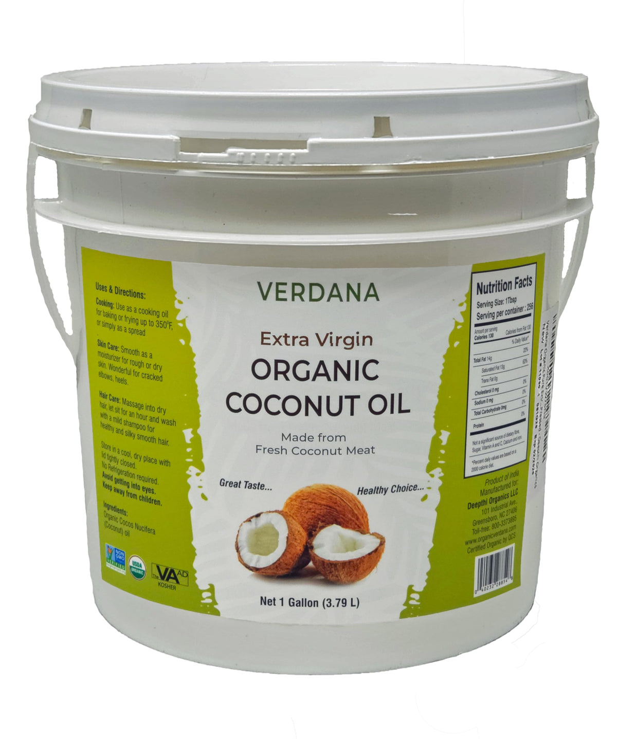 Verdana Coconut Oil 1 Gal Bulk Pour—versatile for cooking and baking.