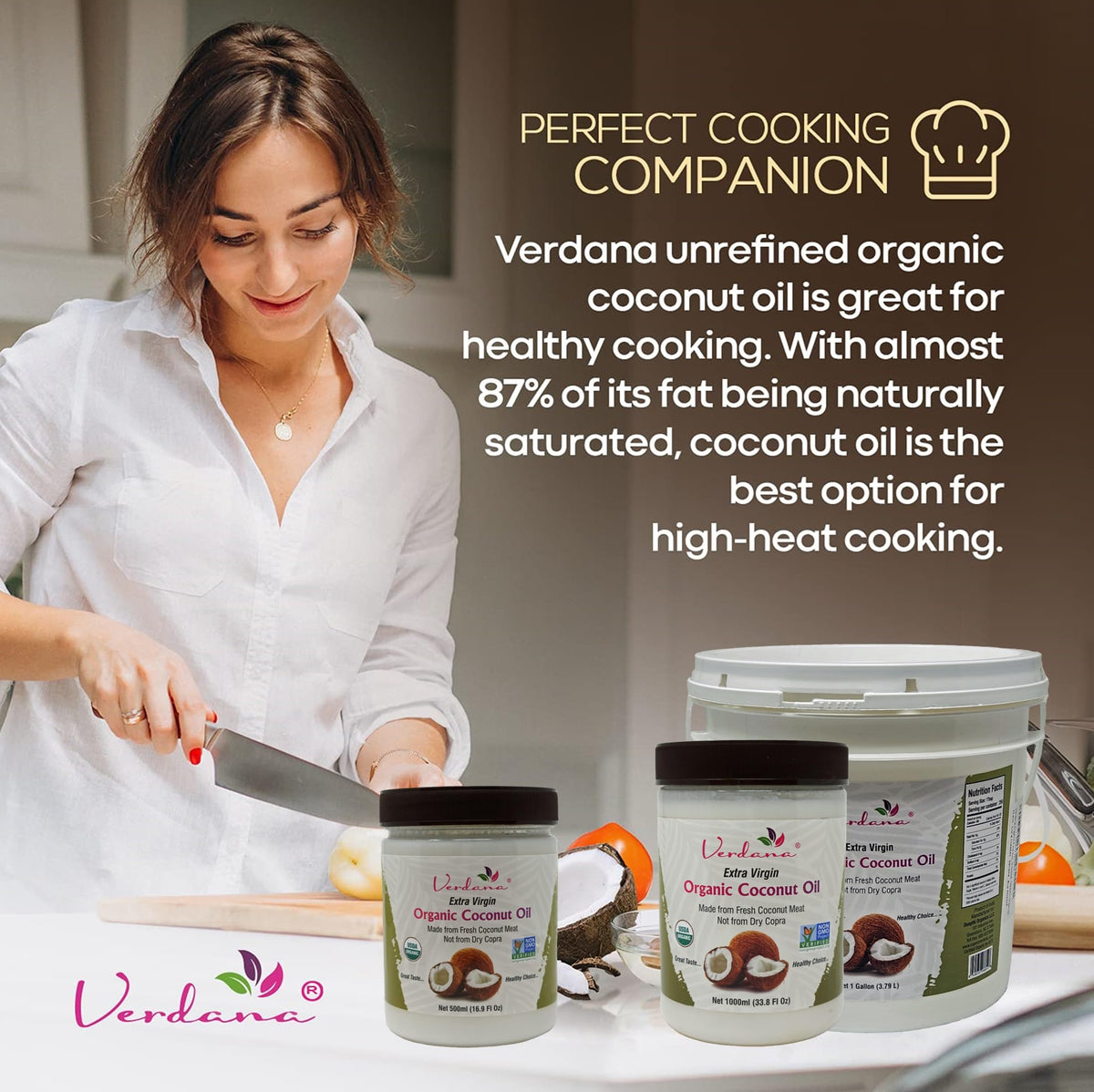 Verdana Organic Coconut Oil 1 Gal for cooking—unrefined, cold-pressed quality.
