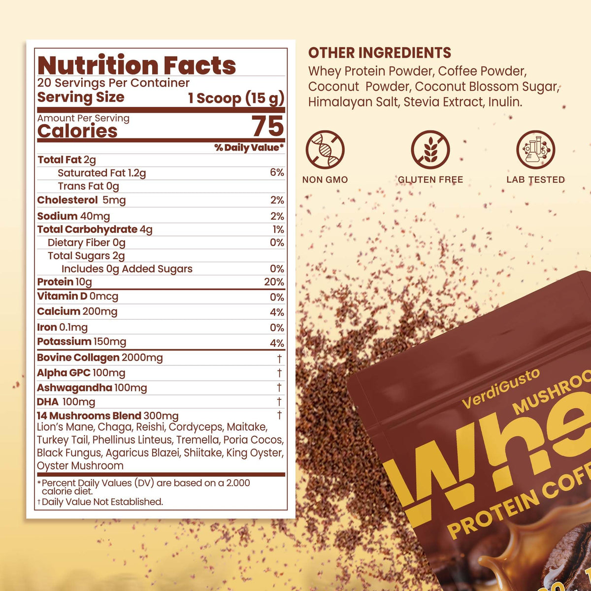 VerdiGusto 14-mushroom blend including Lion's Mane for earthy depth