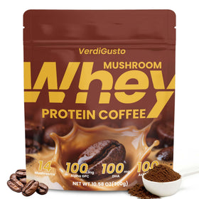 VerdiGusto mushroom coffee with whey protein for a creamy cup and protein boost