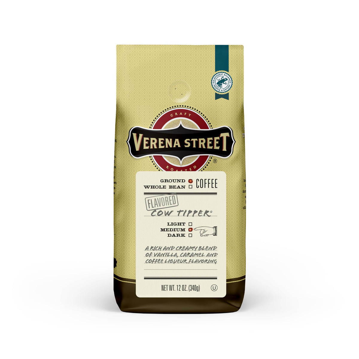 Verena Street 12oz flavored ground coffee can showing vanilla caramel aroma for mornings.