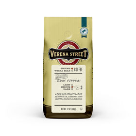 Verena Street 12oz flavored ground coffee can showing vanilla caramel aroma for mornings.
