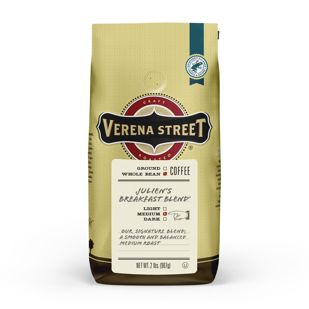 Verena Street Juliens Breakfast Blend 2lb whole beans for smooth, balanced medium roast.