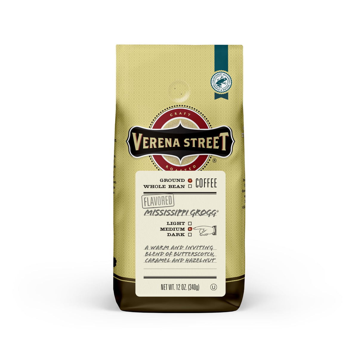Verena Street Mississippi Grogg 12oz ground coffee package, rich flavor for bold mornings