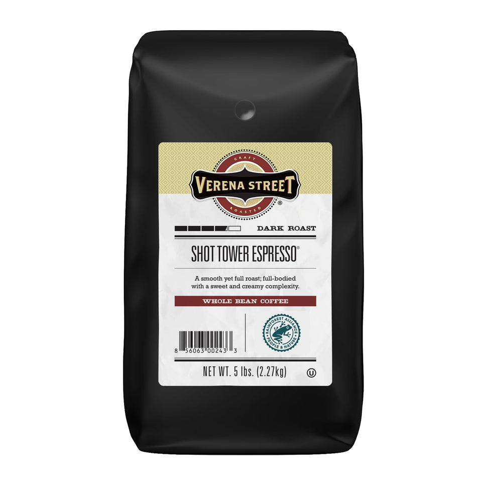 Verena Street Shot Tower Espresso whole beans with rich crema, ideal for home espresso