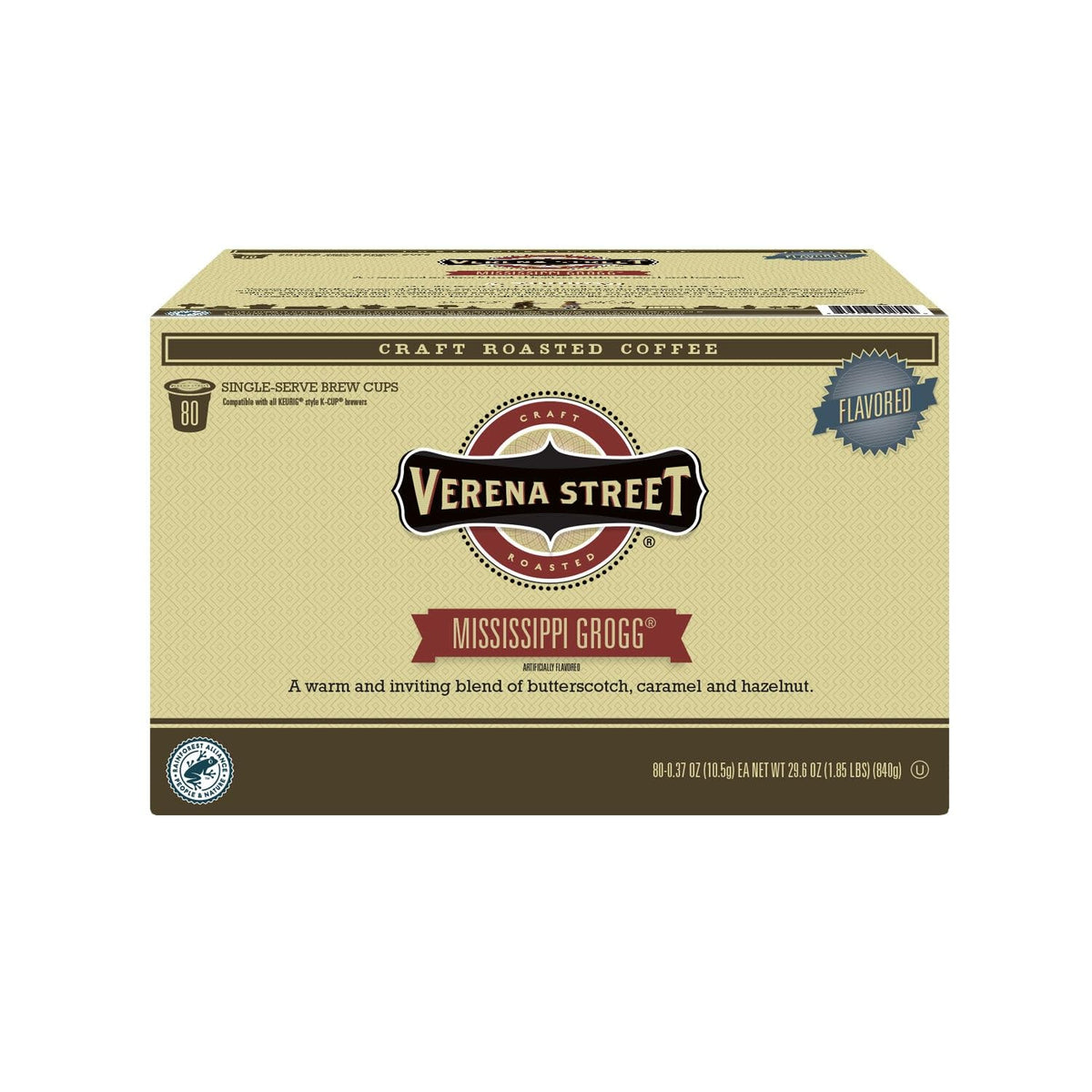 Verena Street single cup pods box on kitchen counter, delivering easy, consistent flavored coffee.