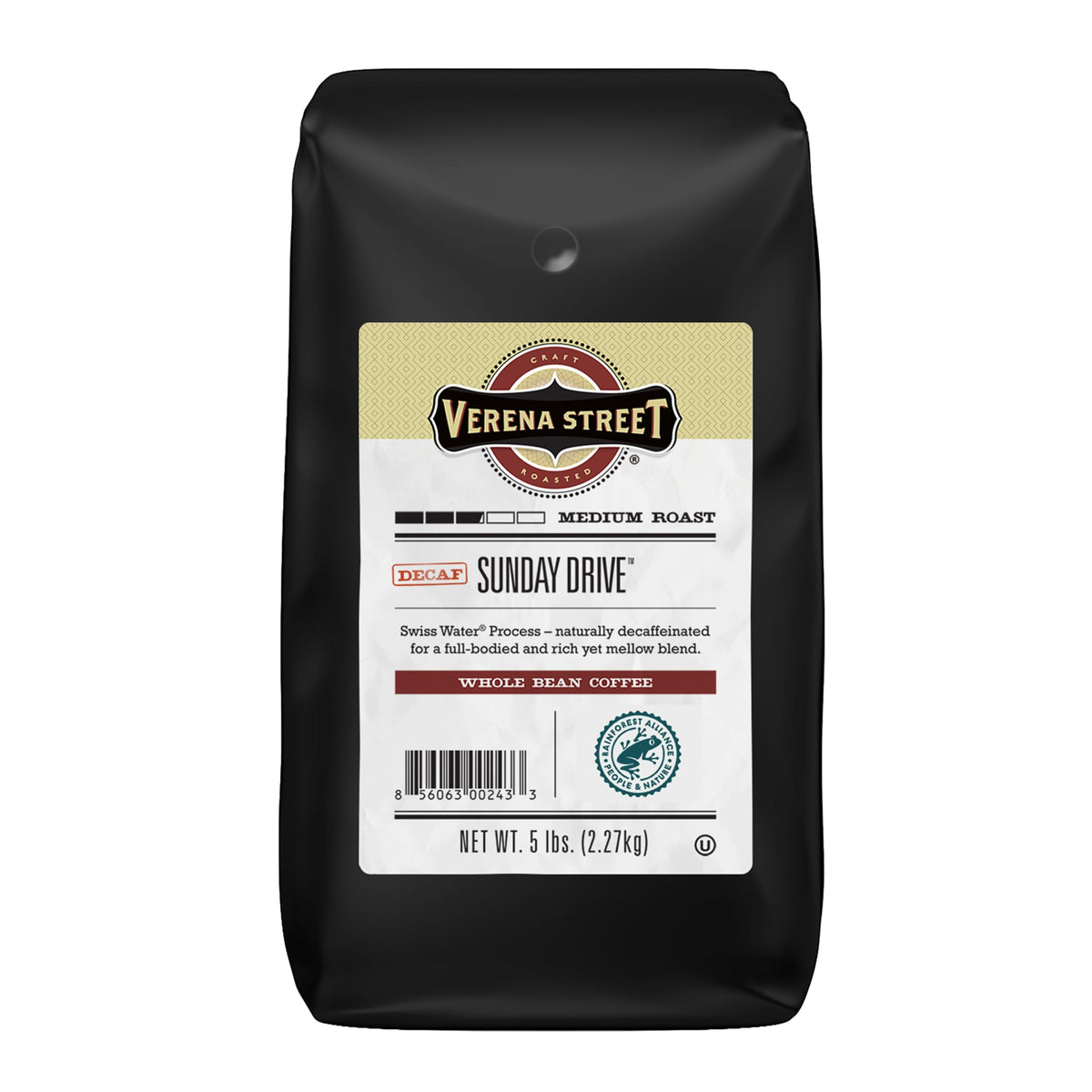 Verena Street Sunday Drive decaf 5lb bag, whole bean for smooth, caffeine-free mornings.