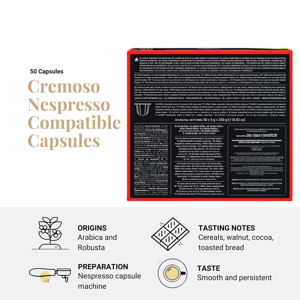 Vergnano 1882 Cremoso capsule close-up shows premium design and quality suitable for home espressos.