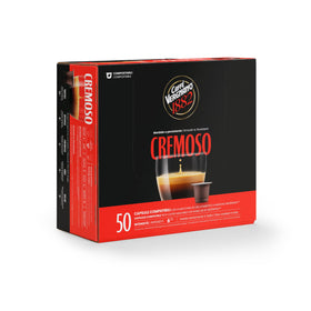 Caffè Vergnano 1882 Cremoso capsules pack highlights convenient 50-count packaging for quick mornings.