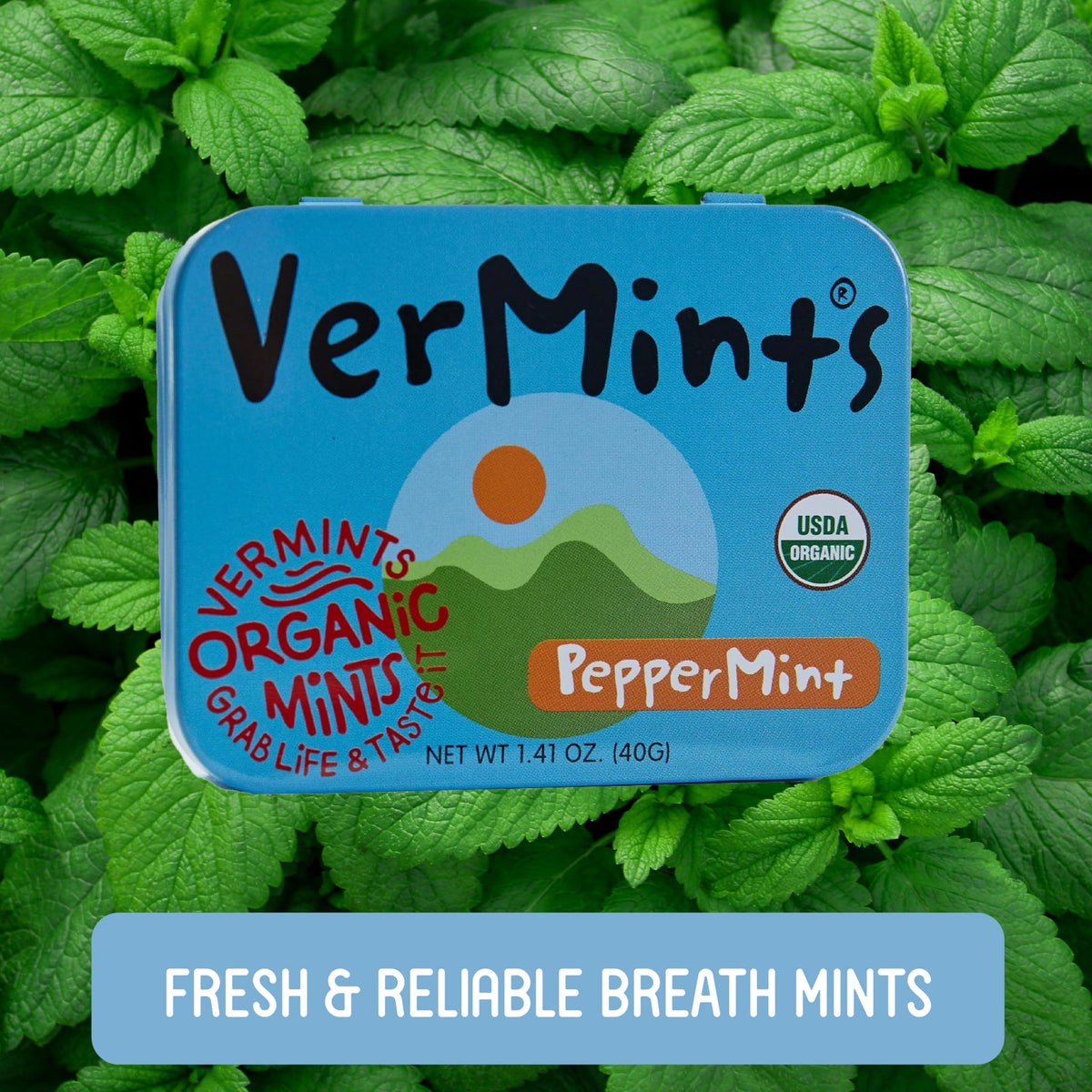 VerMints peppermint tin pack showing travel-friendly mint freshness anytime