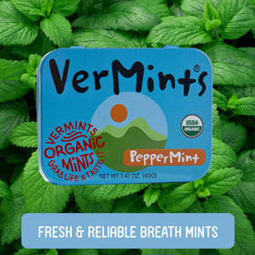 VerMints peppermint tin pack showing travel-friendly mint freshness anytime