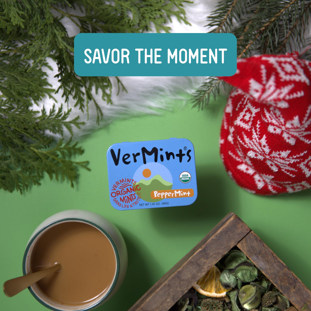VerMints peppermint leaves close up highlighting natural organic flavor