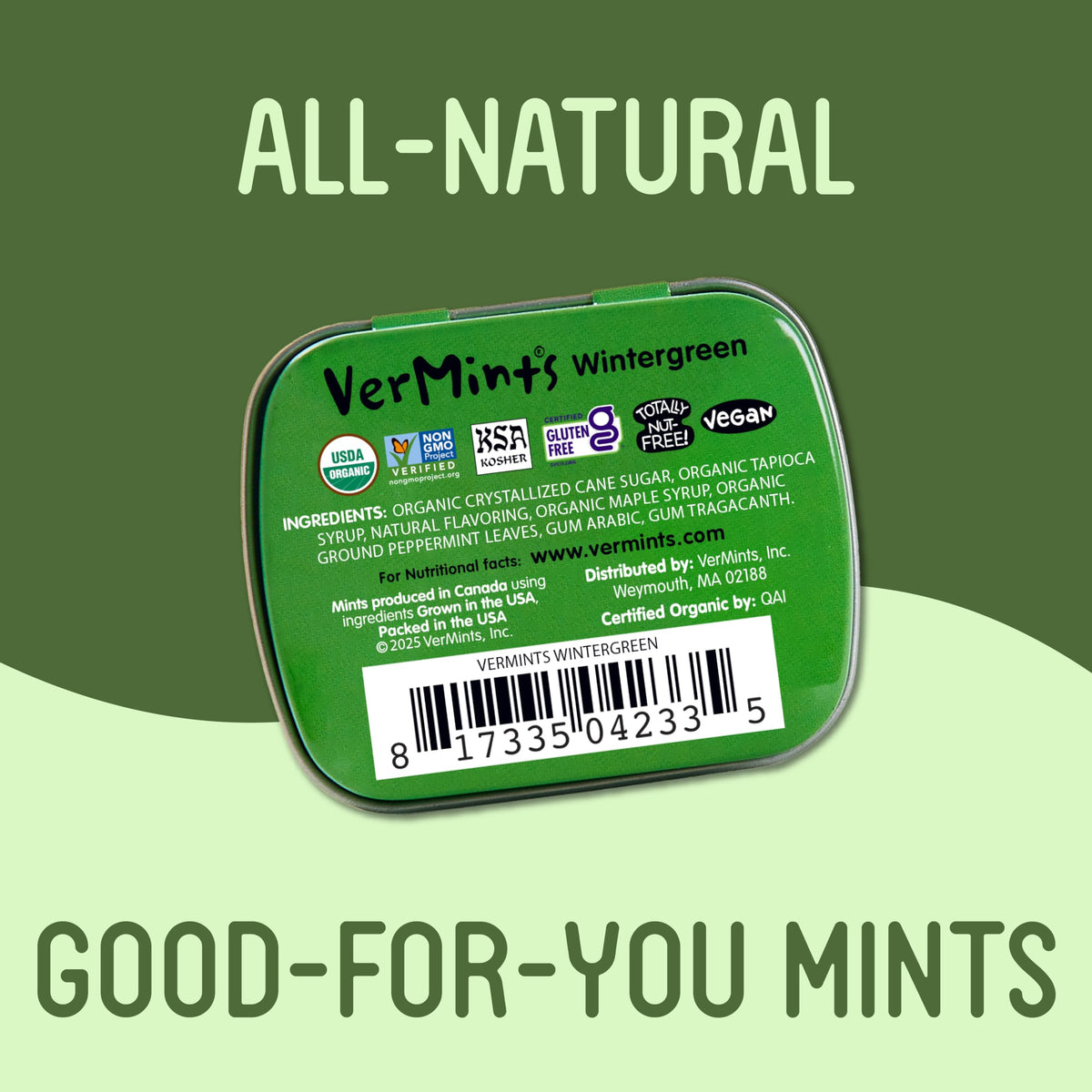 Vermints close-up showing organic wintergreen flavor and clean ingredients