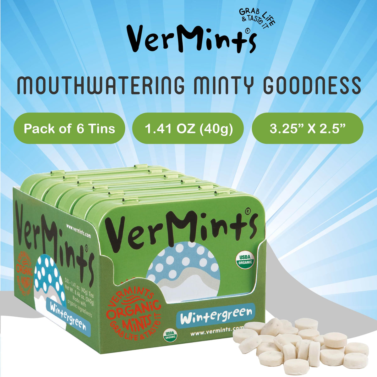 VerMints packaging shows gluten-free, vegan, nut-free, and kosher options.