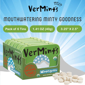 VerMints packaging shows gluten-free, vegan, nut-free, and kosher options.