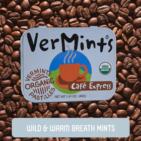 Vermints Café Express label close-up highlights organic ingredients and clean labeling