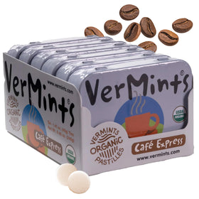 Vermints Café Express tin front showing portable coffee flavored refreshment