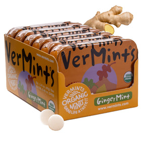 Vermints GingerMint tin exterior showing portable organic breath mints for on-the-go freshness.