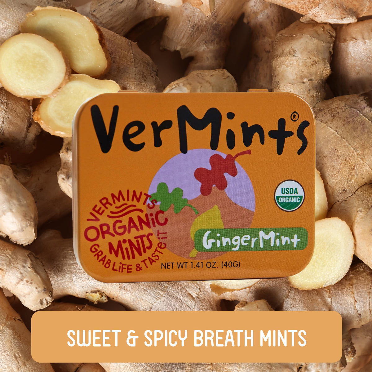 Vermints GingerMint tin open with bite-sized mints and ginger flavor.