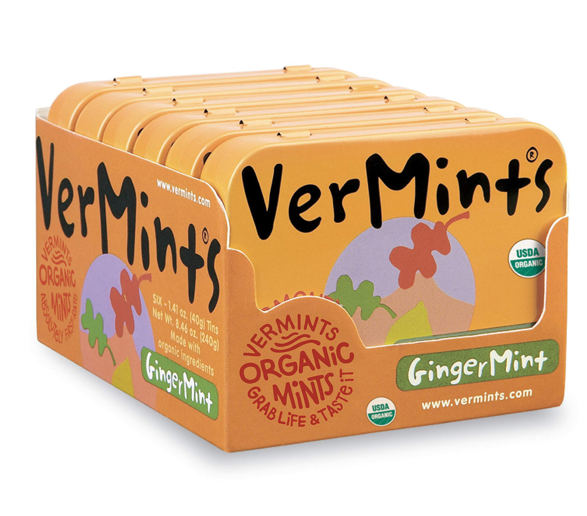 Vermints GingerMint tin packaging highlights convenient on-the-go breath refreshment.