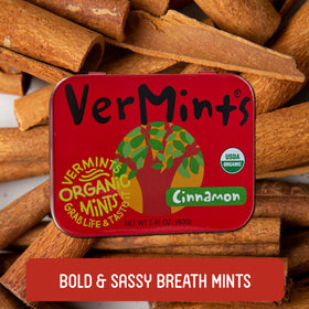 Vermints VerMints Organic Cinnamon Breath Mints close-up of mints showing natural texture.