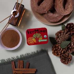 Vermints VerMints Organic Cinnamon Breath Mints non-GMO nut-free gluten-free claim on packaging.