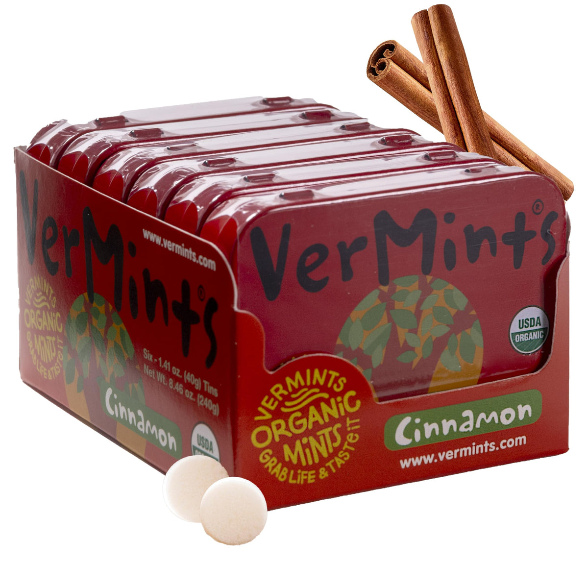 Vermints VerMints Organic Cinnamon Breath Mints packaging highlights eco-friendly design.