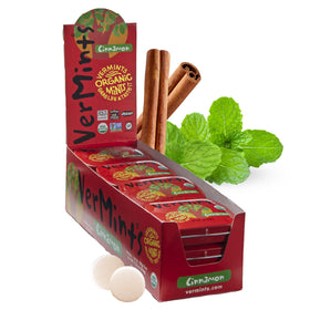 Vermints organic cinnamon breath mints in travel tin front for on-the-go freshness.