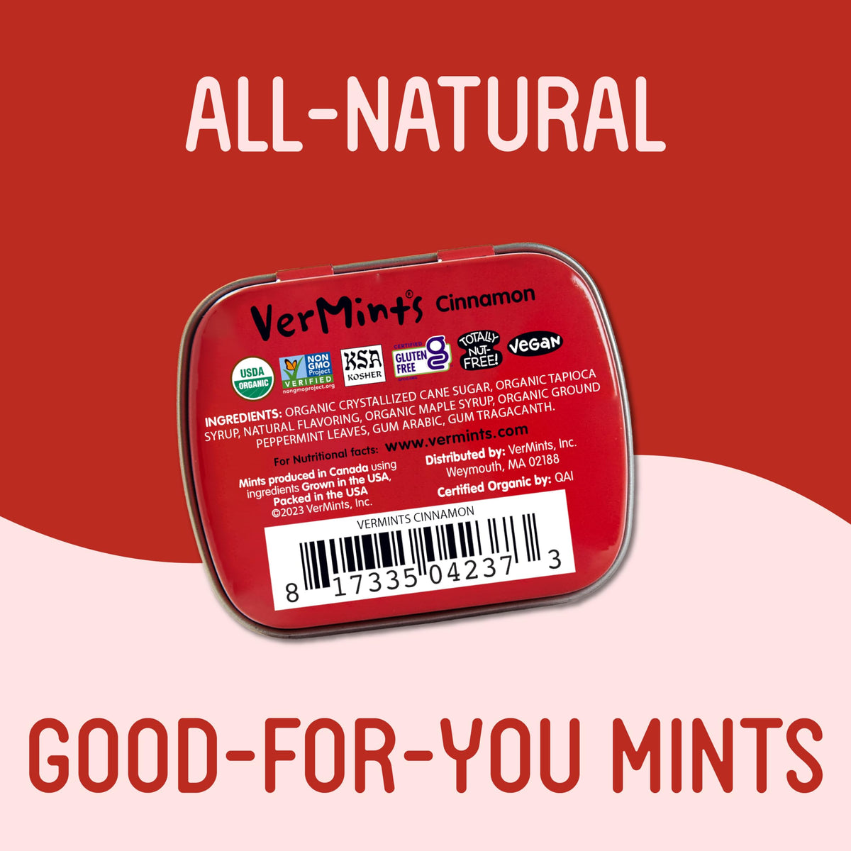 Vermints travel tin open showing mints for quick cinnamon refreshment.