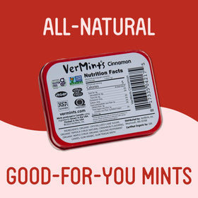 Vermints VerMints Organic Cinnamon Breath Mints travel tin ready for on-the-go refreshment.