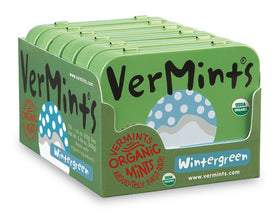 Close-up of VerMints Organic Wintergreen mints highlighting natural ingredients.