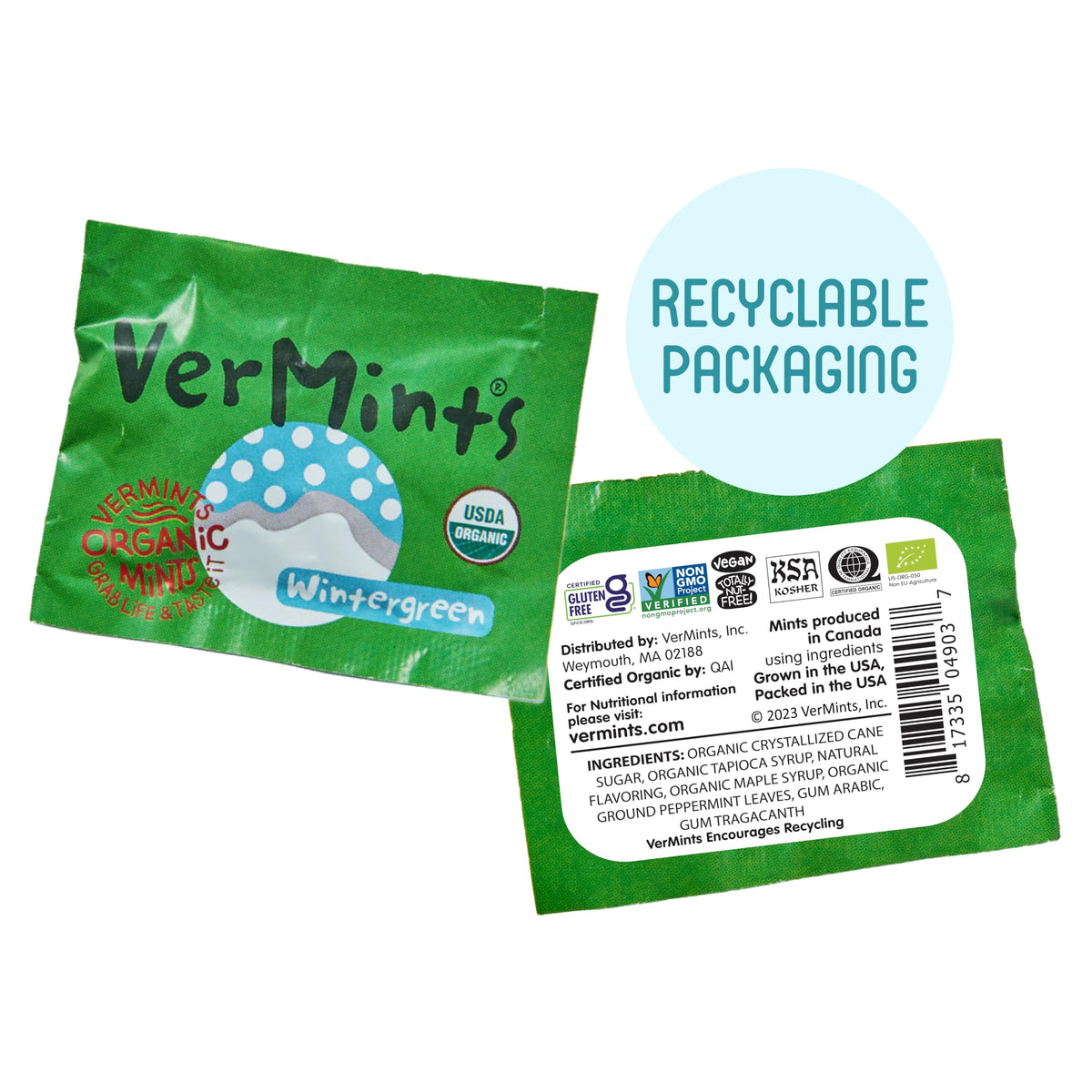 Vermints packaging closeup showing recyclable, eco-friendly packaging materials.