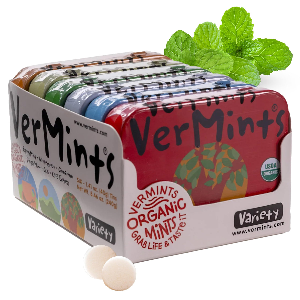 VerMints six-flavor travel tin open for on-the-go refreshment.