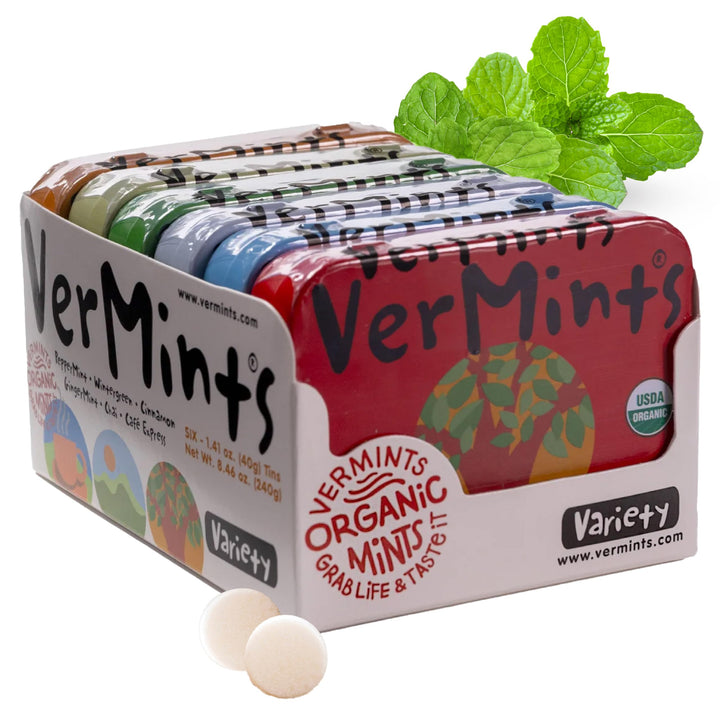 VerMints six-flavor travel tin open for on-the-go refreshment.
